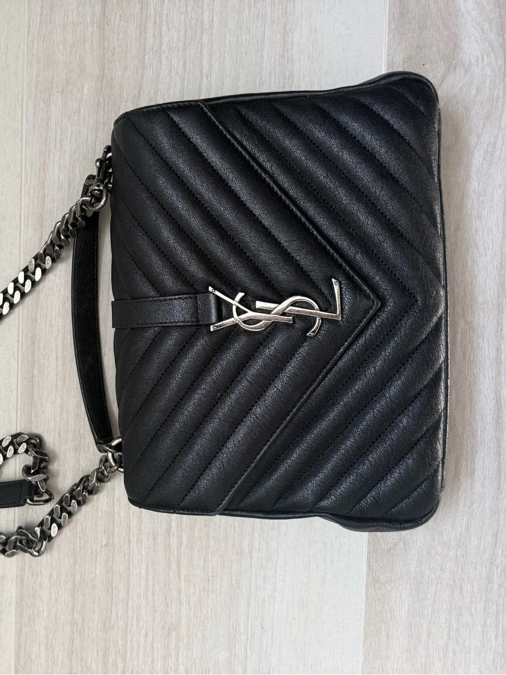 Saint Laurent Black Quilted Chain Crossbody with Silver YSL Logo